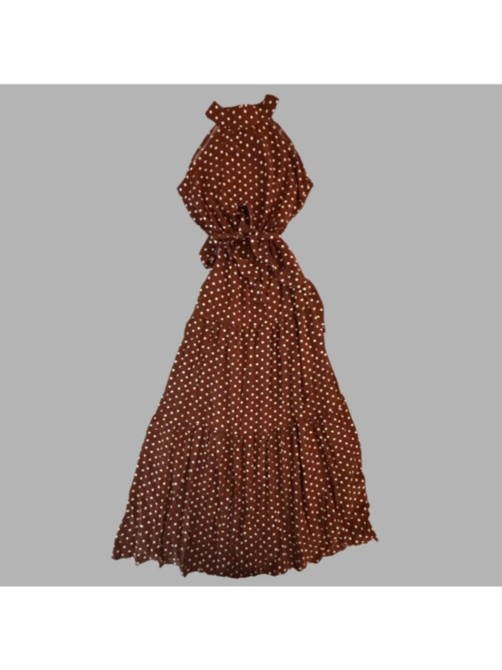 Emery Rose Brown Polka Dot Halter Maxi Dress Tie Waist Tiered Size Small